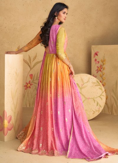 
                            Multi Colour Engagement Chinon Readymade Gown