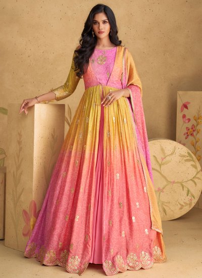 Multi Colour Engagement Chinon Readymade Gown