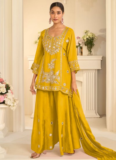 Mustard Chinon Embroidered Salwar Kameez