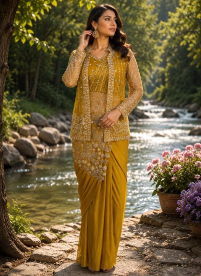 Mustard Embroidered Festival Contemporary Saree