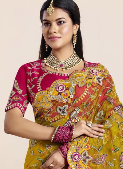 
                            Mustard Organza Embroidered Trendy Saree