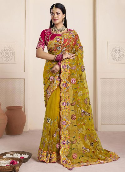 Mustard Organza Embroidered Trendy Saree