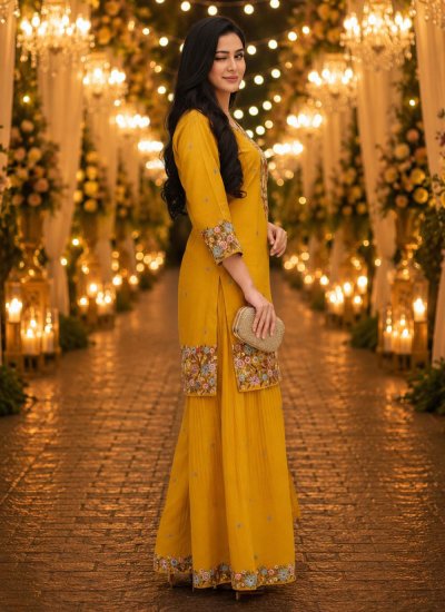 
                            Mustard Shimmer Embroidered Readymade Salwar Kameez