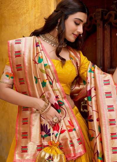
                            Mustard Weaving Trendy Lehenga Choli