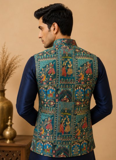 
                            Navy Blue and Teal Engagement Silk Kurta Payjama With Jacket