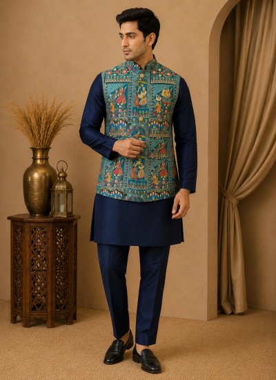Navy Blue and Teal Engagement Silk Kurta Payjama With Jacket