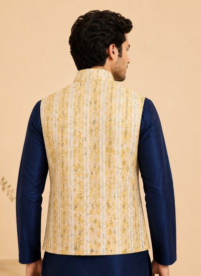 
                            Navy Blue and Yellow Embroidered Kurta Payjama With Jacket