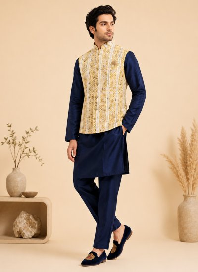 Navy Blue and Yellow Embroidered Kurta Payjama With Jacket