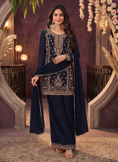 Navy Blue Beads Chinon Salwar Kameez