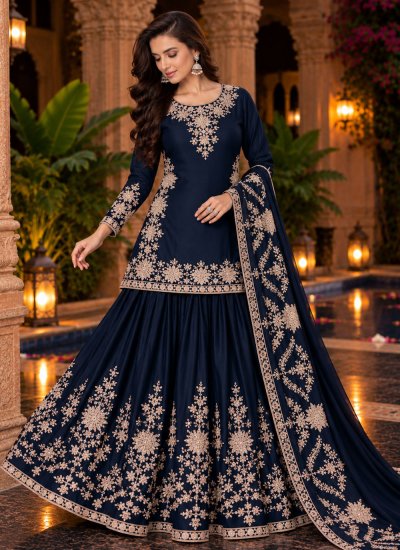 Navy Blue Chinon Embroidered Lehenga Choli