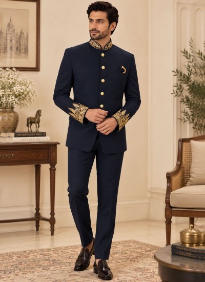 Navy Blue Embroidered Jodhpuri Suit