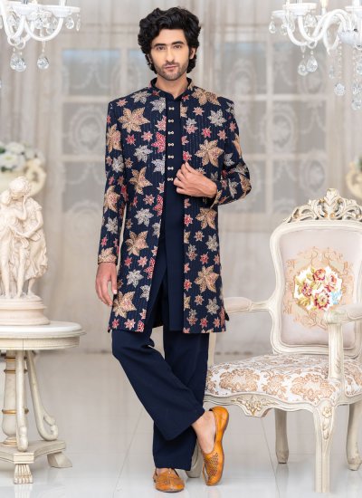 Navy Blue Embroidered Wedding Indo Western