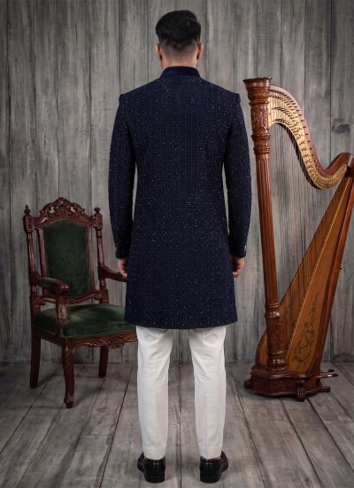 
                            Navy Blue Reception Velvet Indo Western