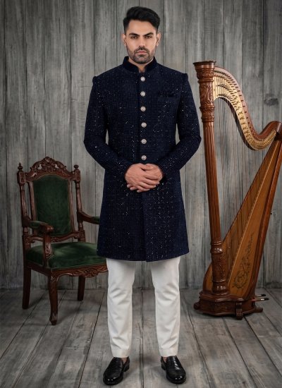 Navy Blue Reception Velvet Indo Western