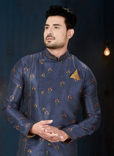 
                            Navy Blue Silk Wedding Indo Western