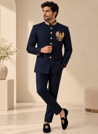 Navy Blue Terry Rayon Engagement Jodhpuri Suit