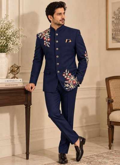 Navy Blue Terry Rayon Jodhpuri Suit