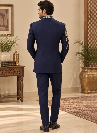 
                            Navy Blue Terry Rayon Reception Jodhpuri Suit