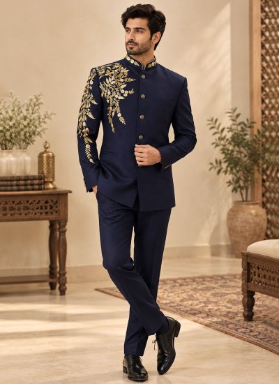 Navy Blue Terry Rayon Reception Jodhpuri Suit