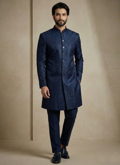 Navy Blue Thread Jacquard Indo Western Sherwani