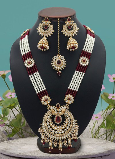 Necklace Set Stone Work in Maroon and White Colour