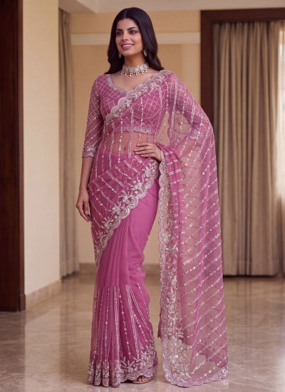 Net Contemporary Saree in Pink Colour