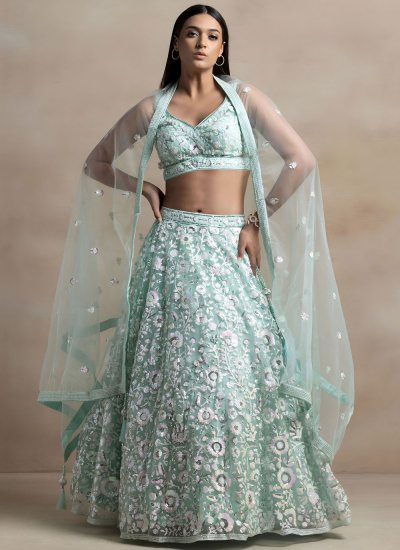 Net Embroidered Lehenga Choli in Turquoise Colour