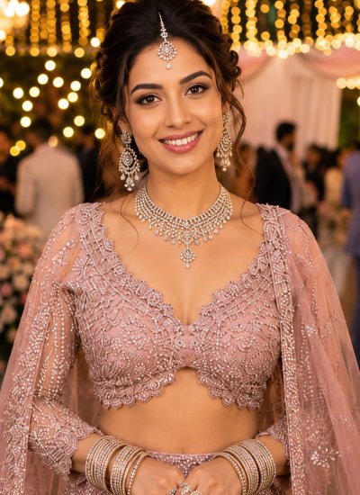 
                            Net Embroidered Pink Readymade Lehenga Choli