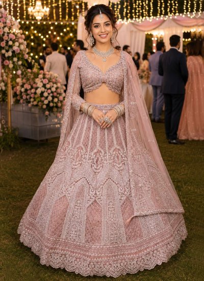 Net Embroidered Pink Readymade Lehenga Choli