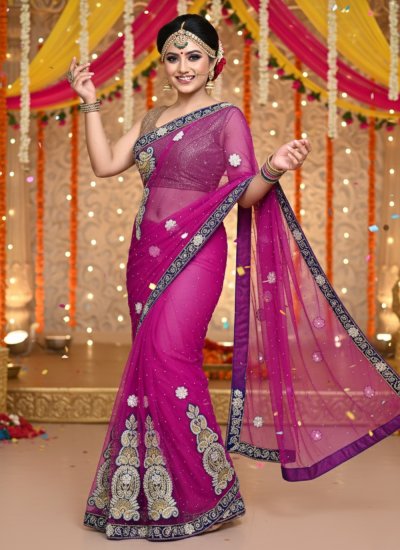 Net Handwork Trendy Saree in Rani