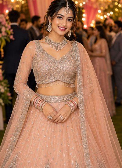 
                            Net Peach Beads Readymade Lehenga Choli