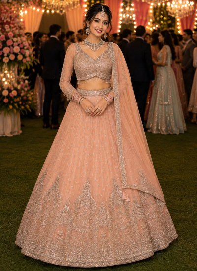 Net Peach Beads Readymade Lehenga Choli