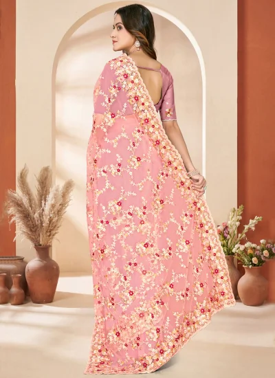 
                            Net Peach Resham Trendy Saree