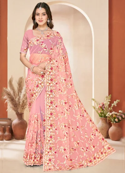 Net Peach Resham Trendy Saree