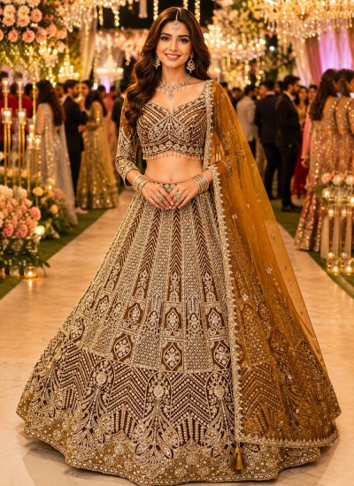 Net Readymade Lehenga Choli in Gold Colour