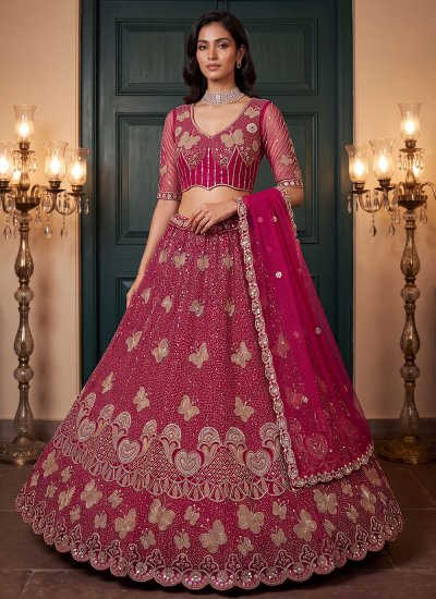 Net Sequins Trendy Lehenga Choli in Rani Colour