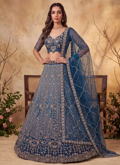 Net Thread Work Lehenga Choli in Aqua Blue Colour