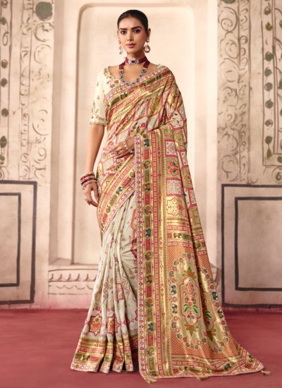 Observable Silk Lace Cream Contemporary Saree