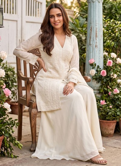 
                            Off White Chinon Party Salwar Kameez