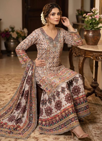
                            Off White Crepe Silk Ceremonial Palazzo Salwar Kameez
