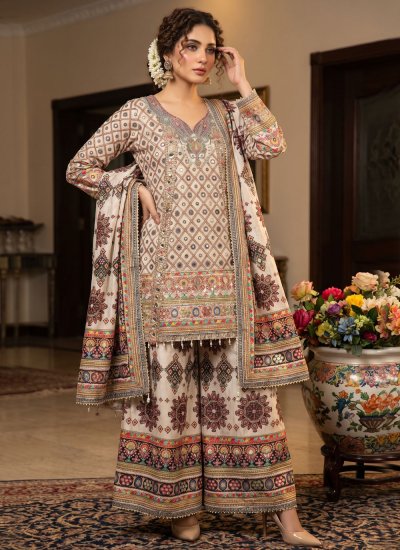 Off White Crepe Silk Ceremonial Palazzo Salwar Kameez