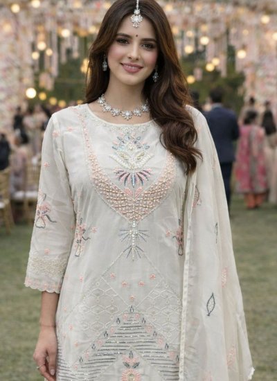 
                            Off White Embroidered Party Palazzo Salwar Kameez