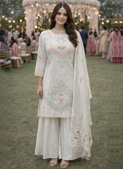 Off White Embroidered Party Palazzo Salwar Kameez