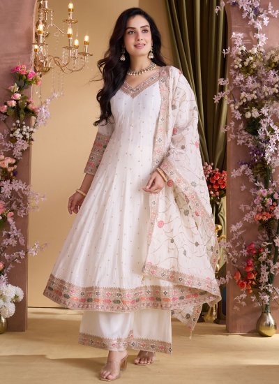 Off White Georgette Embroidered Readymade Salwar Kameez