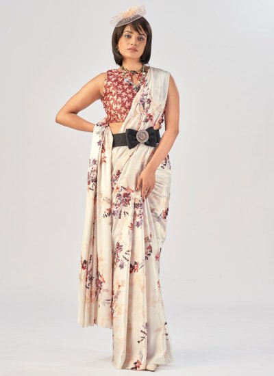 Off White Printed Casual Contemporary Saree