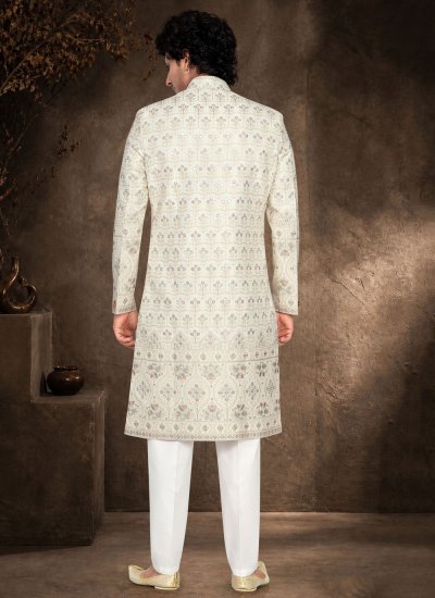 
                            Off White Reception Silk Sherwani