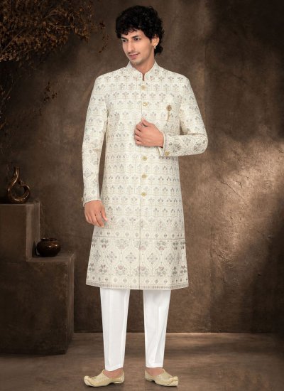 Off White Reception Silk Sherwani