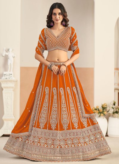 Orange Resham Faux Georgette Lehenga Choli