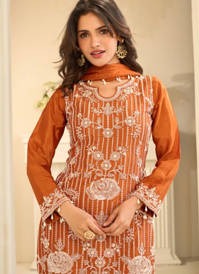 
                            Orange Viscose Embroidered Trendy Salwar Kameez