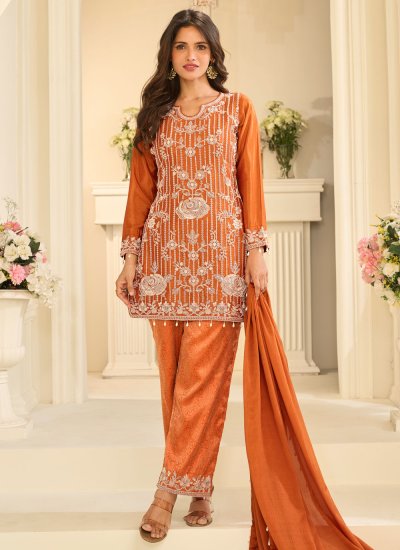 Orange Viscose Embroidered Trendy Salwar Kameez